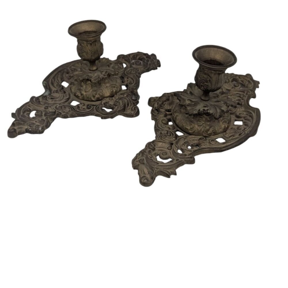 Vintage ‎ Ornate Art Nouveau  candle holders brass 10" x 6  set of 2